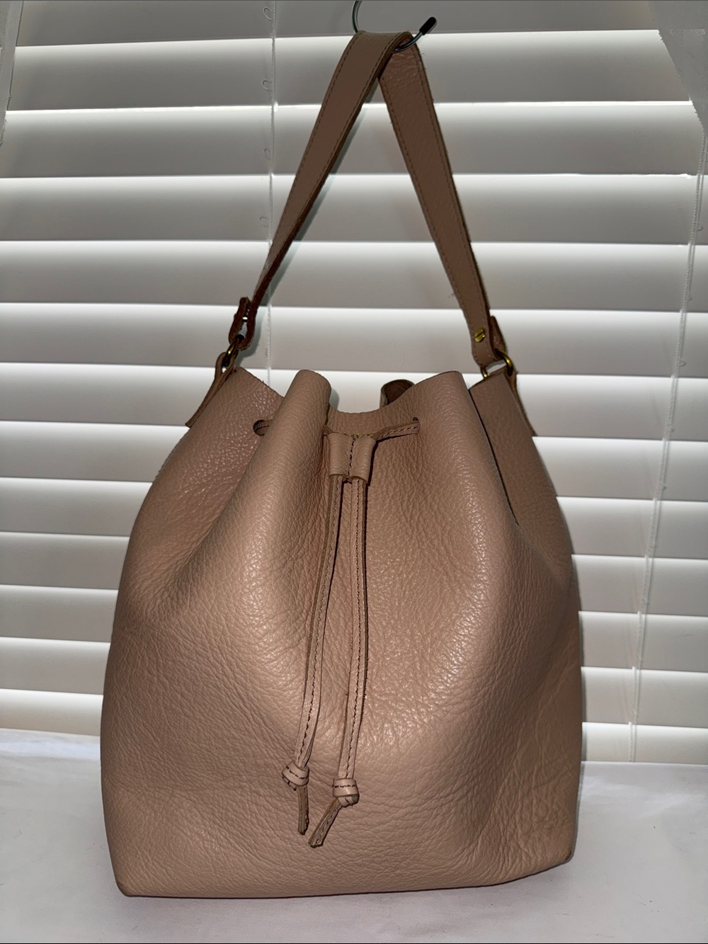 Mark & Graham Blush Taupe Pebbled Leather Drawstring Shoulder Bag